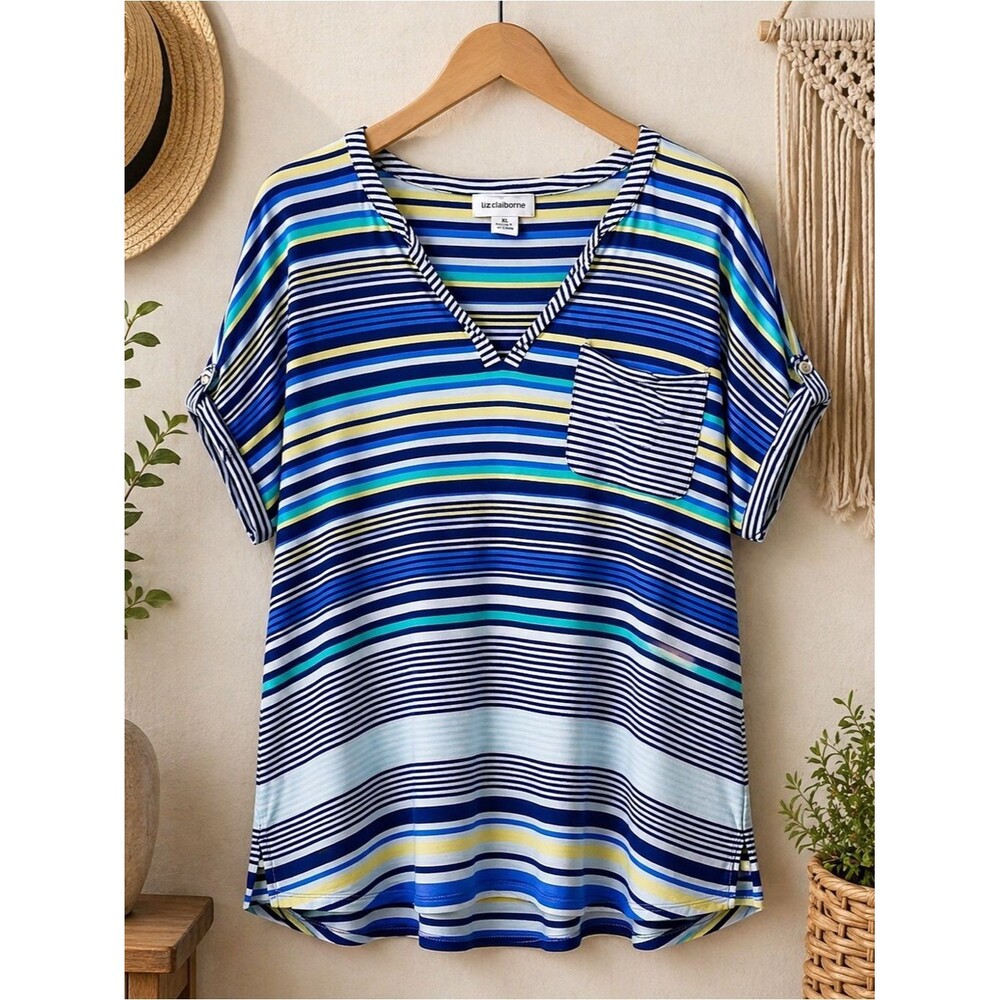 Liz Claiborne Multicolored Striped Front Pocket Top Size XL